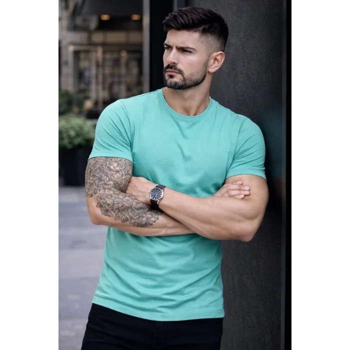 Erkek T-Shirt Bisiklet Yaka Slim Fit dar kesim Likralı Tişört Günlük Basic Body - Turkuvaz