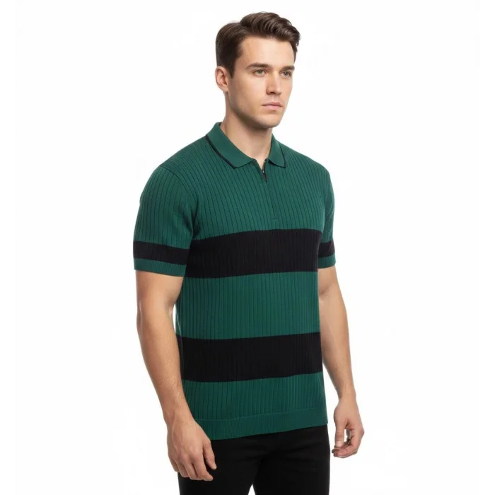 Erkek T-shirt Çizgili Triko Dokuma Kumaş Polo Yaka Yarım Fermuarlı Regular Kalıp Tişört - Çağla Yeşili