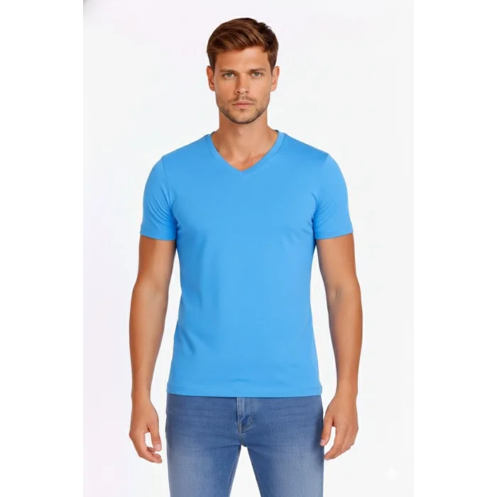 Erkek T-Shirt V Yaka Slim Fit dar kesim Likralı Tişört Günlük Basic Body - Açık Mavi