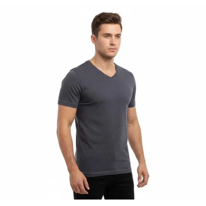 Erkek T-Shirt V Yaka Slim Fit dar kesim Likralı Tişört Günlük Basic Body - Füme