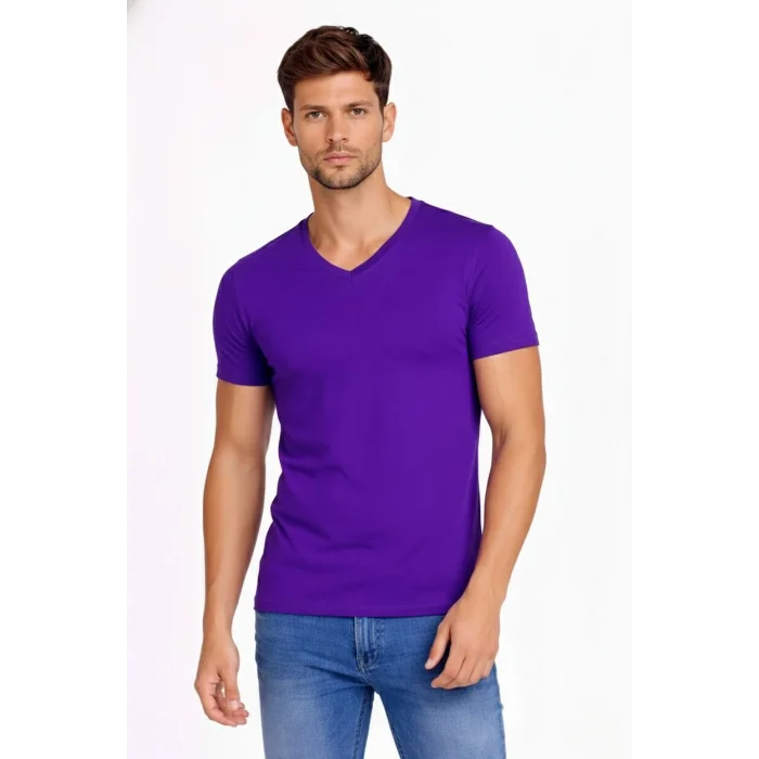 Erkek T-Shirt V Yaka Slim Fit dar kesim Likralı Tişört Günlük Basic Body - Mor