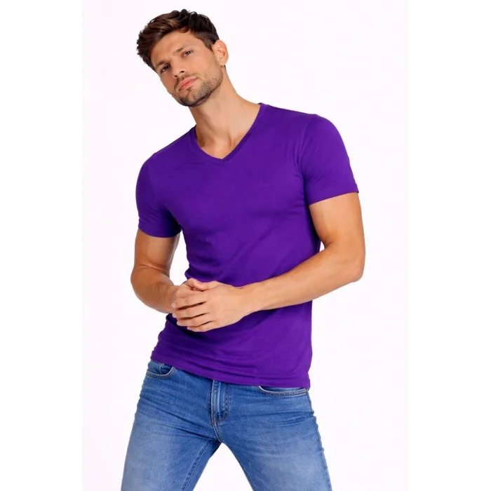 Erkek T-Shirt V Yaka Slim Fit dar kesim Likralı Tişört Günlük Basic Body - Mor
