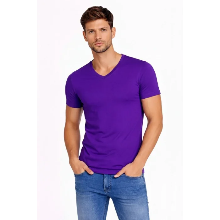 Erkek T-Shirt V Yaka Slim Fit dar kesim Likralı Tişört Günlük Basic Body - Mor
