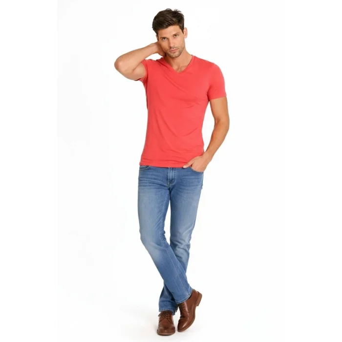 Erkek T-Shirt V Yaka Slim Fit dar kesim Likralı Tişört Günlük Basic Body - Nar Çiçeği