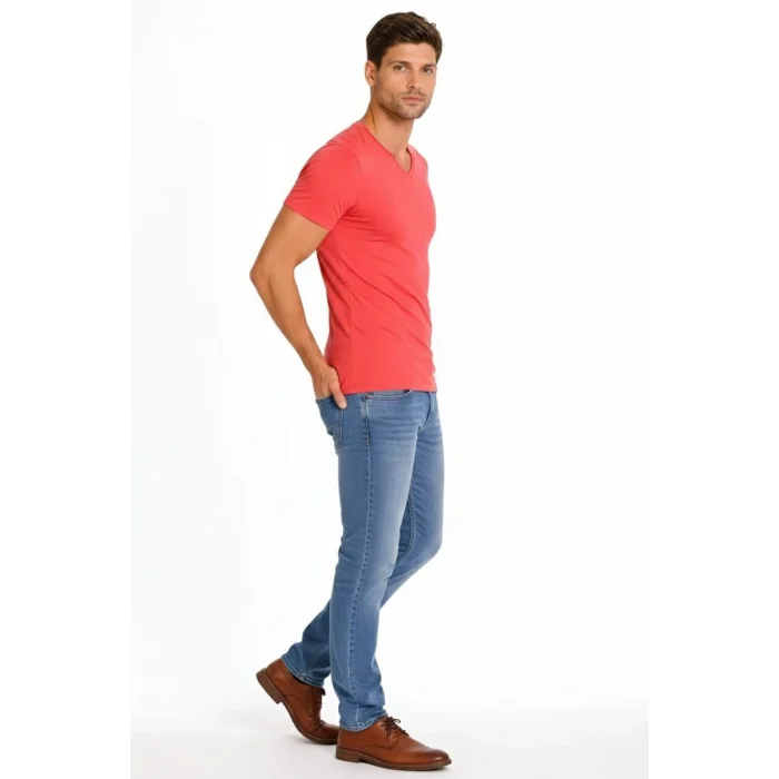Erkek T-Shirt V Yaka Slim Fit dar kesim Likralı Tişört Günlük Basic Body - Nar Çiçeği