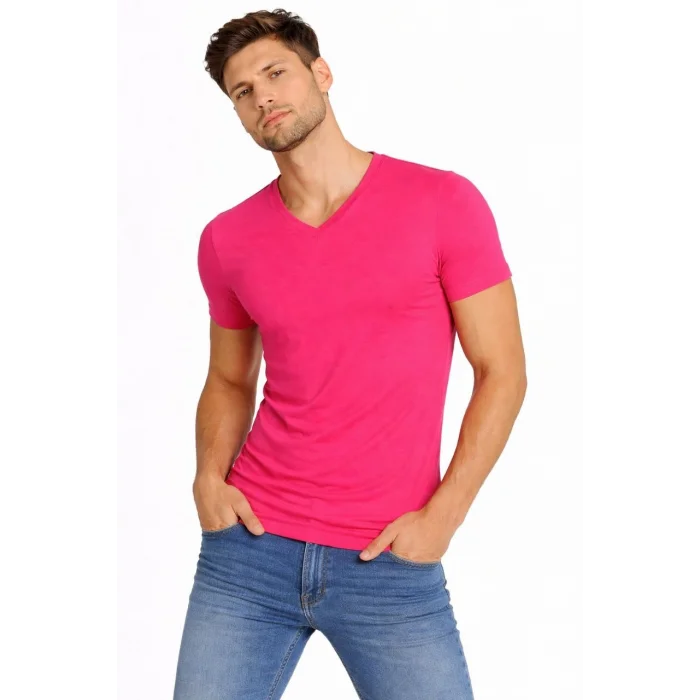 Erkek T-Shirt V Yaka Slim Fit dar kesim Likralı Tişört Günlük Basic Body - Pembe
