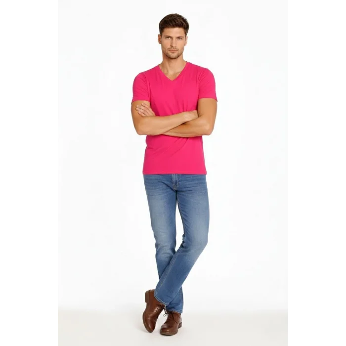 Erkek T-Shirt V Yaka Slim Fit dar kesim Likralı Tişört Günlük Basic Body - Pembe