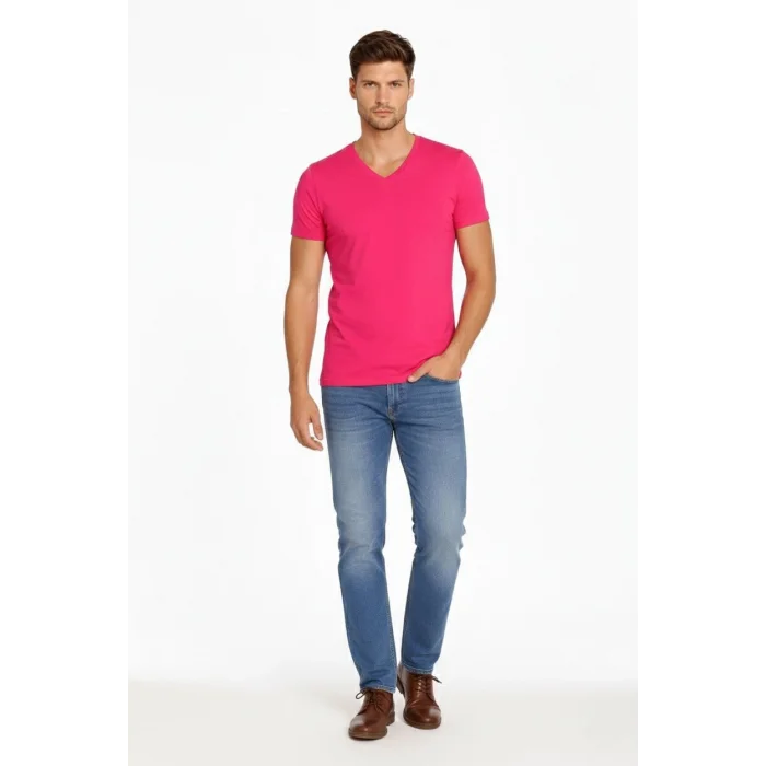 Erkek T-Shirt V Yaka Slim Fit dar kesim Likralı Tişört Günlük Basic Body - Pembe