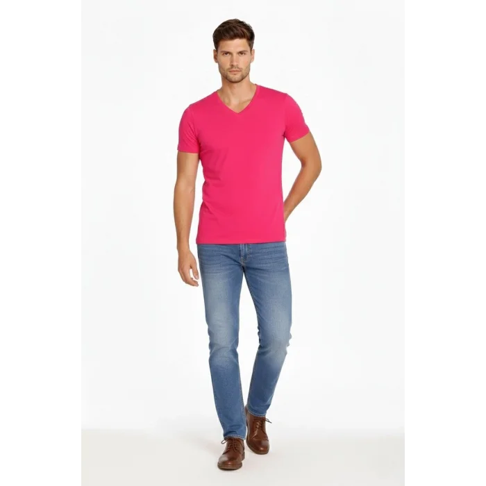 Erkek T-Shirt V Yaka Slim Fit dar kesim Likralı Tişört Günlük Basic Body - Pembe