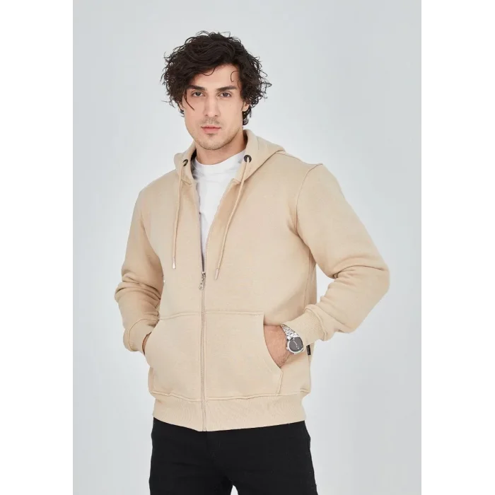 Erkek 3 İplik Pamuklu Kapüşonlu Tam Fermuarlı Cepli Hoodie Sweatshirt - Bej
