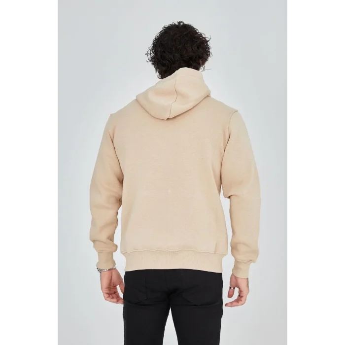 Erkek 3 İplik Pamuklu Kapüşonlu Tam Fermuarlı Cepli Hoodie Sweatshirt - Bej