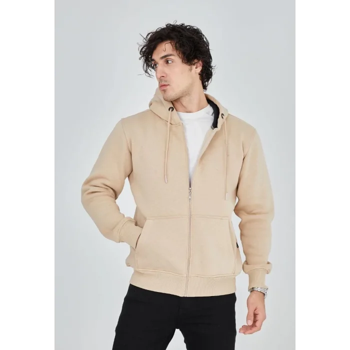 Erkek 3 İplik Pamuklu Kapüşonlu Tam Fermuarlı Cepli Hoodie Sweatshirt - Bej