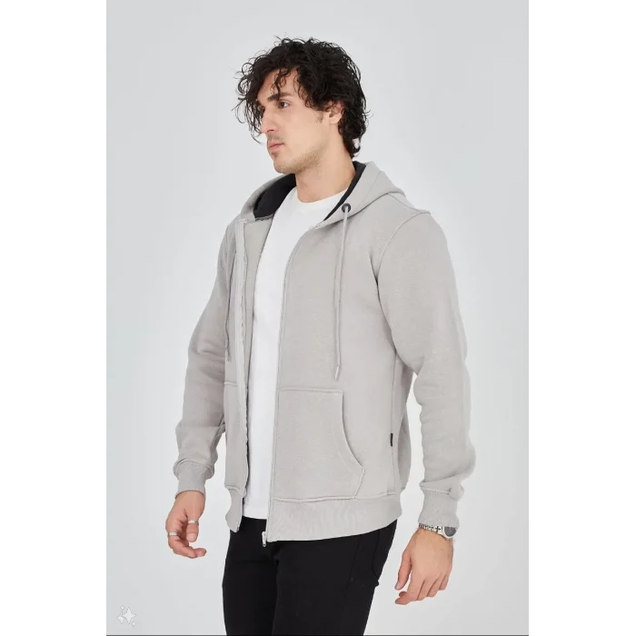 Erkek 3 İplik Pamuklu Kapüşonlu Tam Fermuarlı Cepli Hoodie Sweatshirt - Boyalı Gri