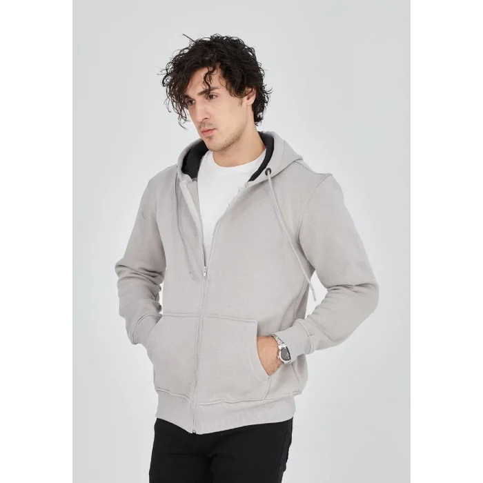 Erkek 3 İplik Pamuklu Kapüşonlu Tam Fermuarlı Cepli Hoodie Sweatshirt - Boyalı Gri