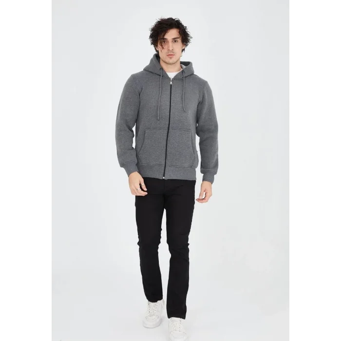 Erkek 3 İplik Pamuklu Kapüşonlu Tam Fermuarlı Cepli Hoodie Sweatshirt - Füme