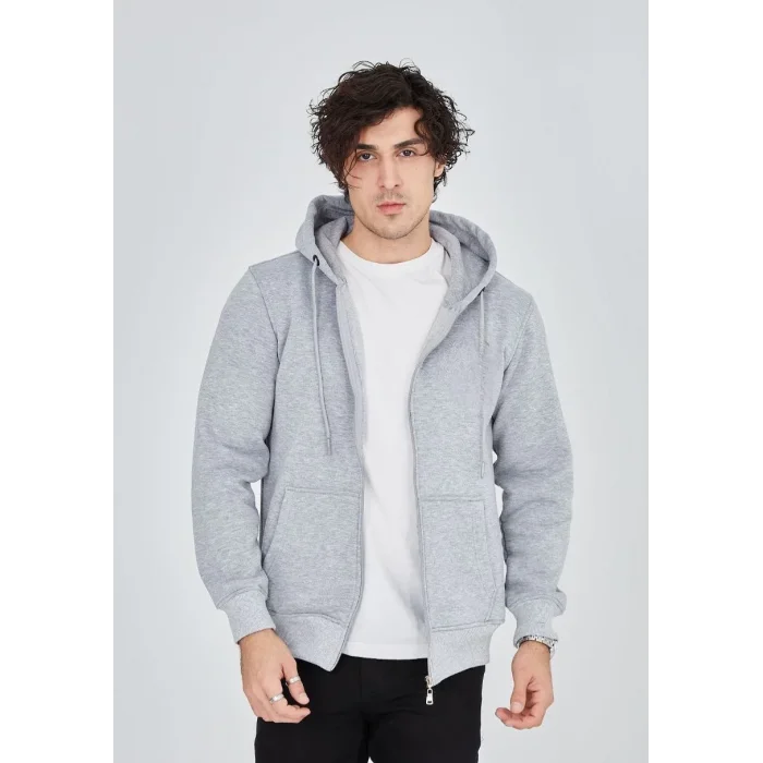 Erkek 3 İplik Pamuklu Kapüşonlu Tam Fermuarlı Cepli Hoodie Sweatshirt - Gri
