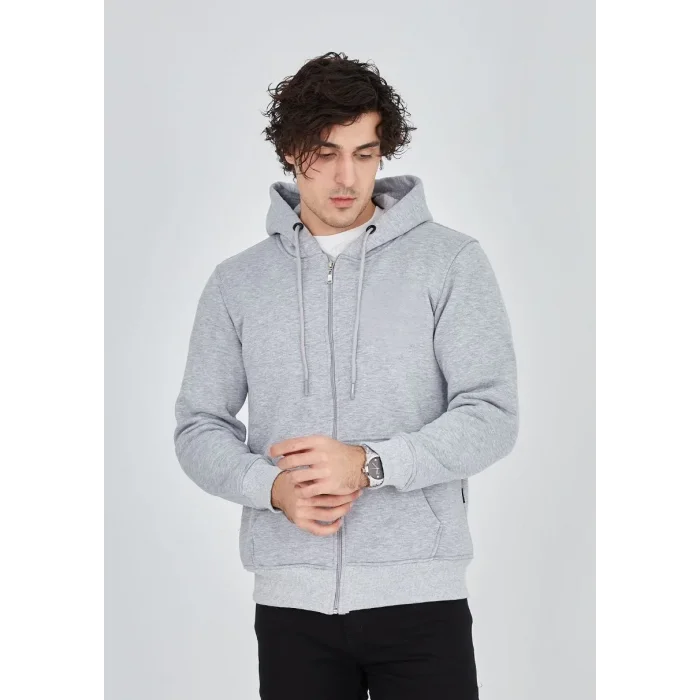 Erkek 3 İplik Pamuklu Kapüşonlu Tam Fermuarlı Cepli Hoodie Sweatshirt - Gri
