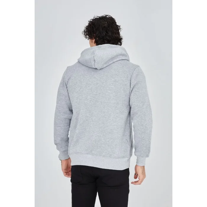Erkek 3 İplik Pamuklu Kapüşonlu Tam Fermuarlı Cepli Hoodie Sweatshirt - Gri