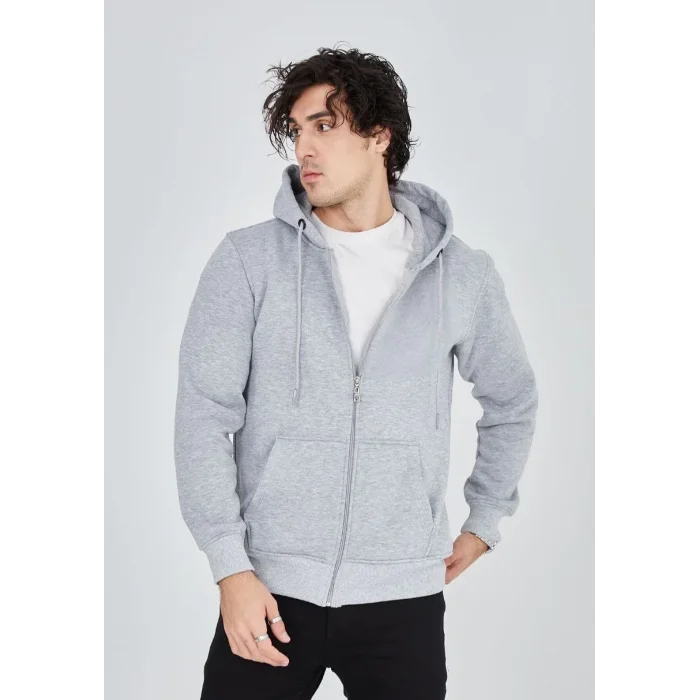 Erkek 3 İplik Pamuklu Kapüşonlu Tam Fermuarlı Cepli Hoodie Sweatshirt - Gri