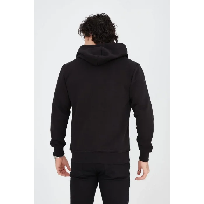 Erkek 3 İplik Pamuklu Kapüşonlu Tam Fermuarlı Cepli Hoodie Sweatshirt - Siyah