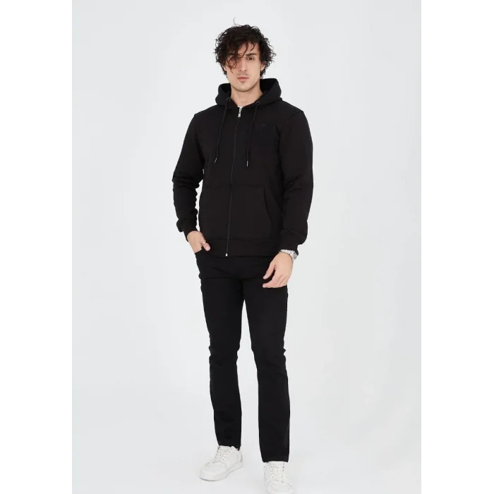 Erkek 3 İplik Pamuklu Kapüşonlu Tam Fermuarlı Cepli Hoodie Sweatshirt - Siyah