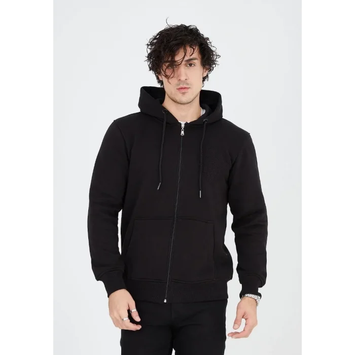 Erkek 3 İplik Pamuklu Kapüşonlu Tam Fermuarlı Cepli Hoodie Sweatshirt - Siyah