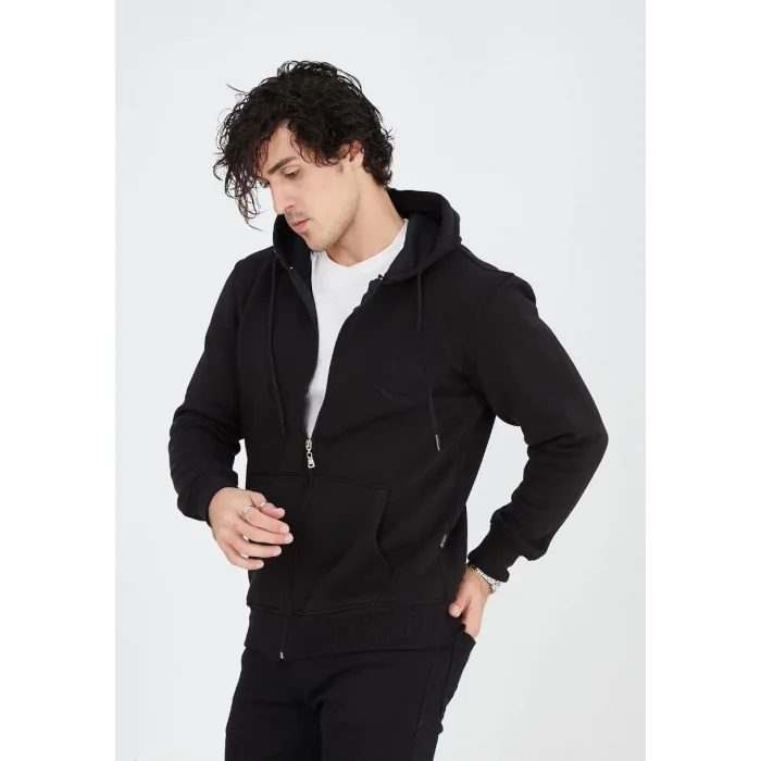 Erkek 3 İplik Pamuklu Kapüşonlu Tam Fermuarlı Cepli Hoodie Sweatshirt - Siyah