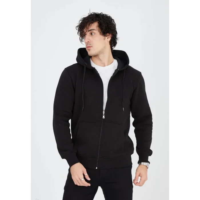 Erkek 3 İplik Pamuklu Kapüşonlu Tam Fermuarlı Cepli Hoodie Sweatshirt - Siyah