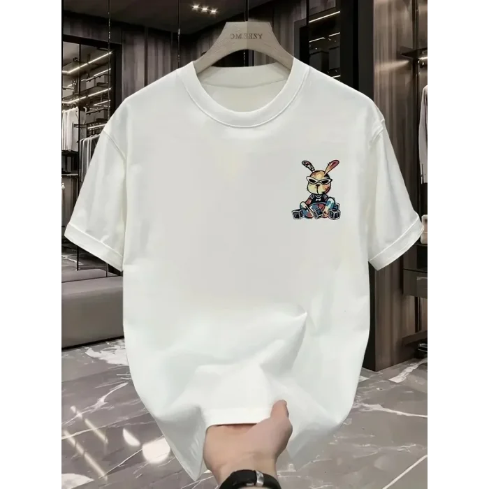 Erkek T-shirt Tavşan Baskılı Kısa Kollu Tişört - Beyaz