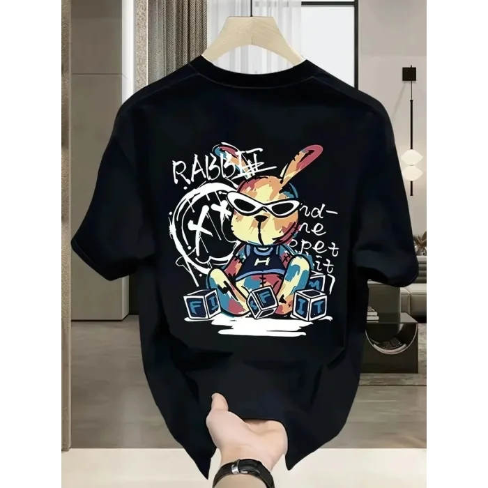 Erkek T-shirt Tavşan Baskılı Kısa Kollu Tişört - Siyah