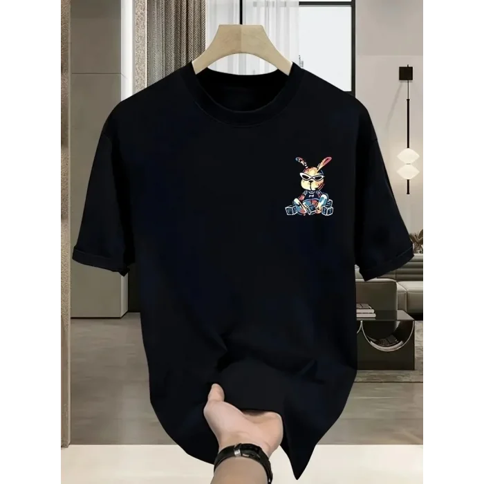 Erkek T-shirt Tavşan Baskılı Kısa Kollu Tişört - Siyah