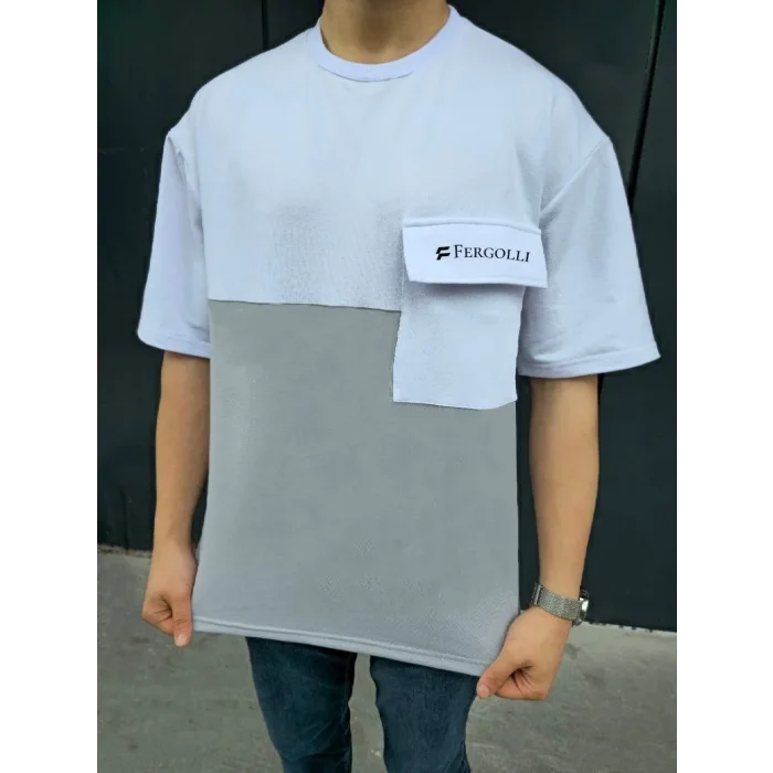 ERKEK Tişört Torba Cepli Parçalı Kısa Kol T-Shirt - Gri