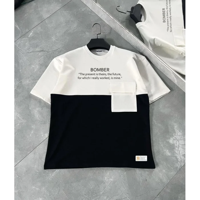 ERKEK Tişört Torba Cepli Parçalı Kısa Kol T-Shirt - iyah