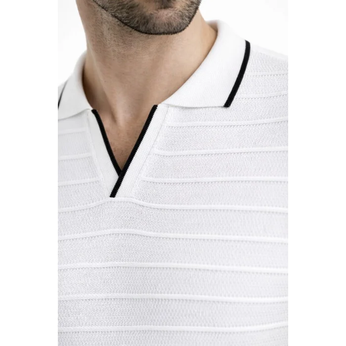 Erkek Triko Kumaş Yakalı Düğmesiz Açık Yaka Fitilli Kısa Kollu Regular Fit Tişört T-shirt - Beyaz