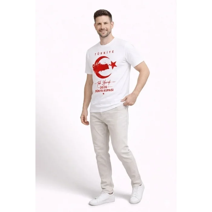 Erkek TÜRKİYE Ay Yıldız Baskılı Taraftar Forma T-Shirt - Beyaz