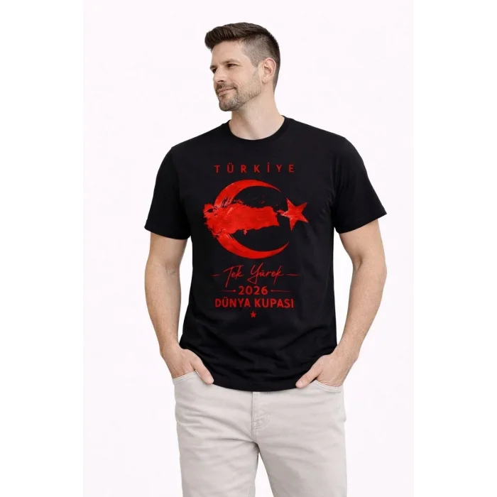 Erkek TÜRKİYE Ay Yıldız Baskılı Taraftar Forma T-Shirt - Siyah