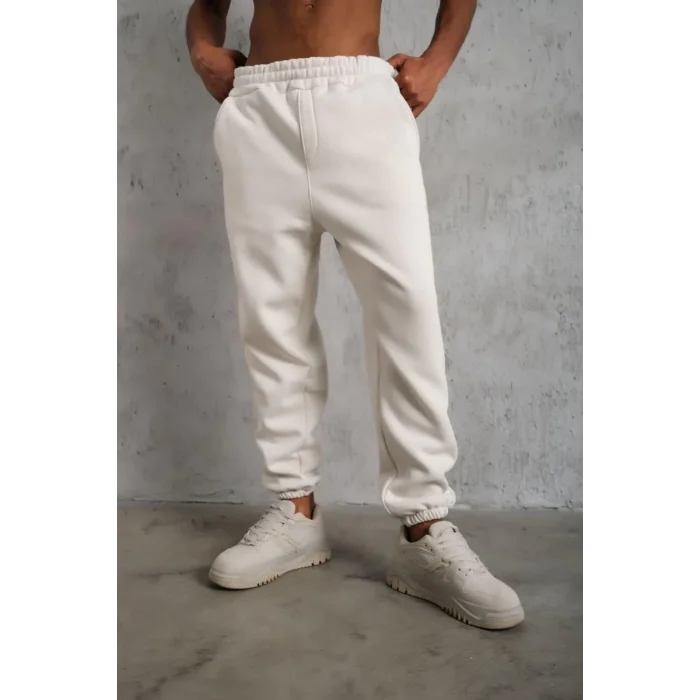 Erkek3 İplik Pamuklu Alt Eşofman Paça Lastikli Pantolon - Beyaz