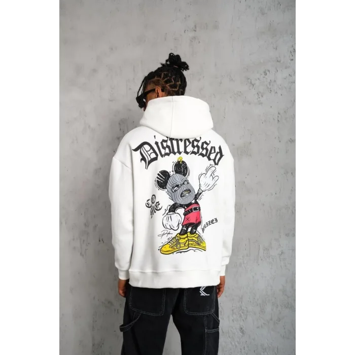 Erkek 3 İplik Pamuklu Kapüşonlu Baskılı Cepli Oversize Sweatshirt Hoodie - Beyaz