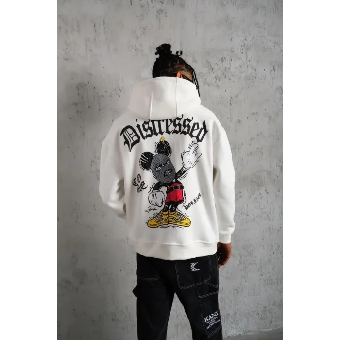 Erkek 3 İplik Pamuklu Kapüşonlu Baskılı Cepli Oversize Sweatshirt Hoodie - Beyaz