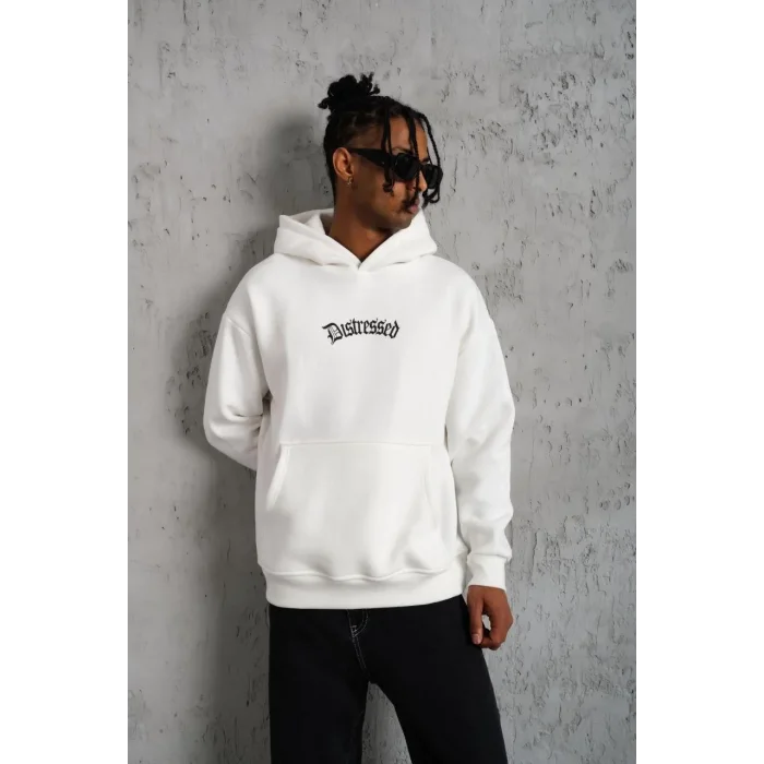 Erkek 3 İplik Pamuklu Kapüşonlu Baskılı Cepli Oversize Sweatshirt Hoodie - Beyaz