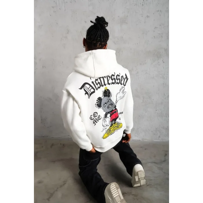 Erkek 3 İplik Pamuklu Kapüşonlu Baskılı Cepli Oversize Sweatshirt Hoodie - Beyaz