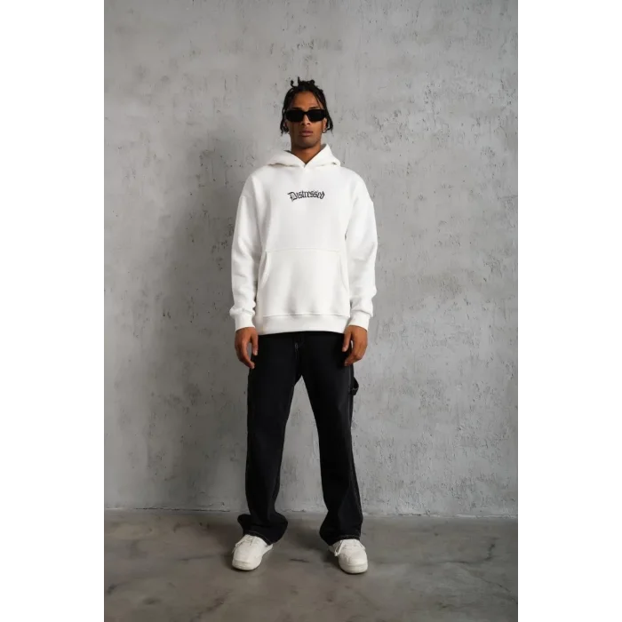 Erkek 3 İplik Pamuklu Kapüşonlu Baskılı Cepli Oversize Sweatshirt Hoodie - Beyaz