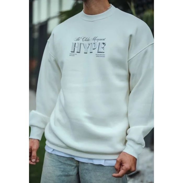 Erkek 3 İplik Pamuklu Bisiklet Yaka Baskılı SweatShirt - Beyaz