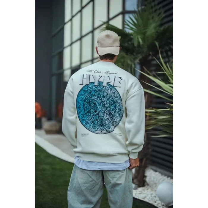 Erkek 3 İplik Pamuklu Bisiklet Yaka Baskılı SweatShirt - Beyaz