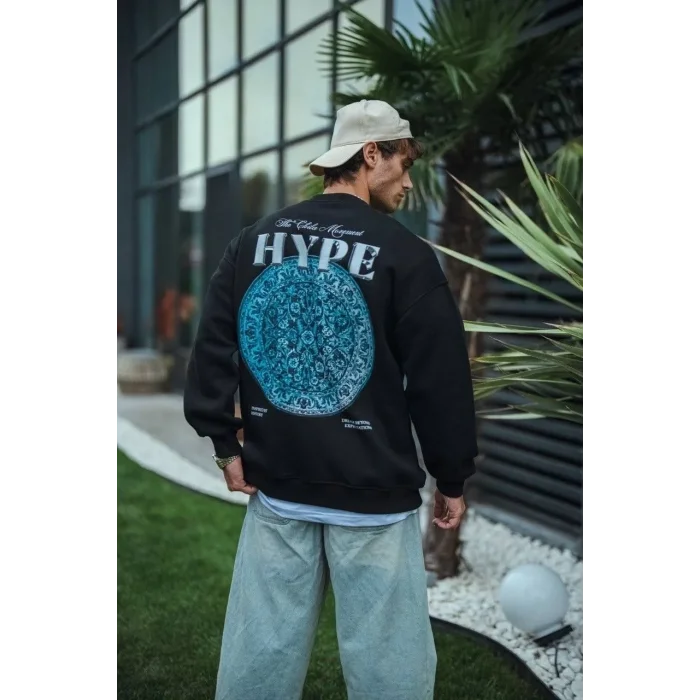 Erkek 3 İplik Pamuklu Bisiklet Yaka Baskılı SweatShirt - Siyah