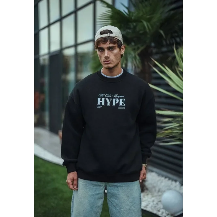 Erkek 3 İplik Pamuklu Bisiklet Yaka Baskılı SweatShirt - Siyah