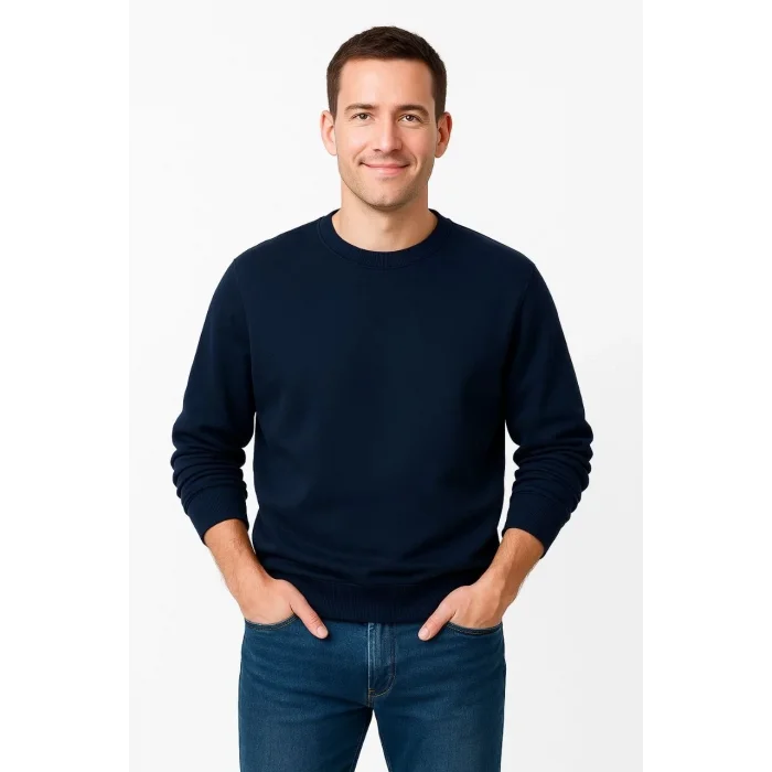 Erkek 3 İplik Pamuklu Düz Bisiklet Yaka SweatShirt - Lacivert