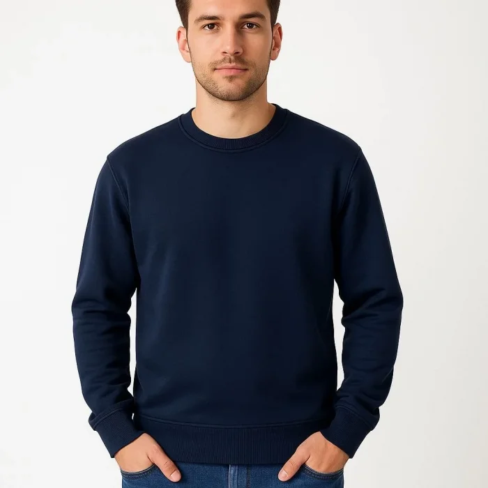 Erkek 3 İplik Pamuklu Düz Bisiklet Yaka SweatShirt - Lacivert