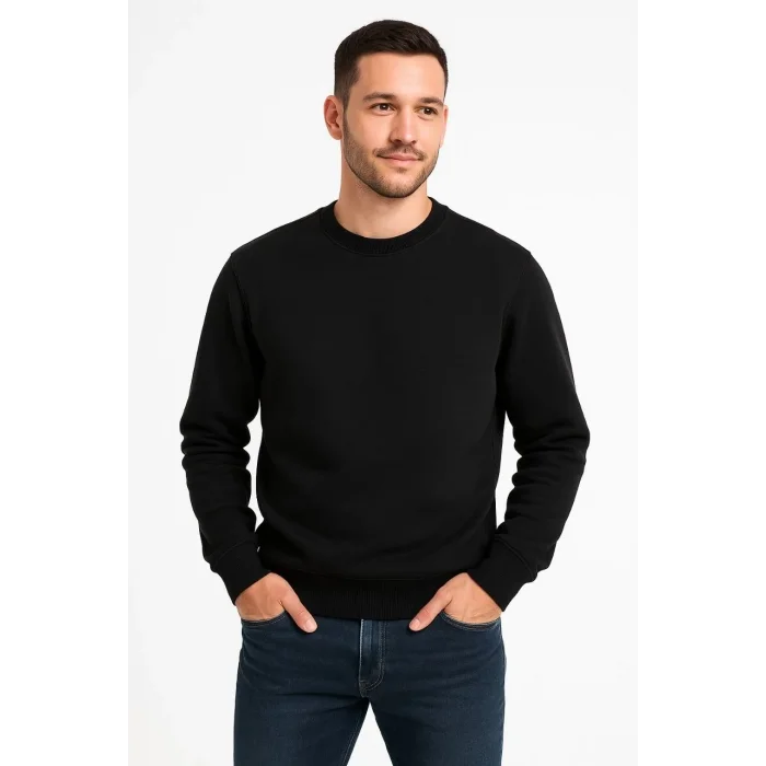 Erkek 3 İplik Pamuklu Düz Bisiklet Yaka SweatShirt - Siyah