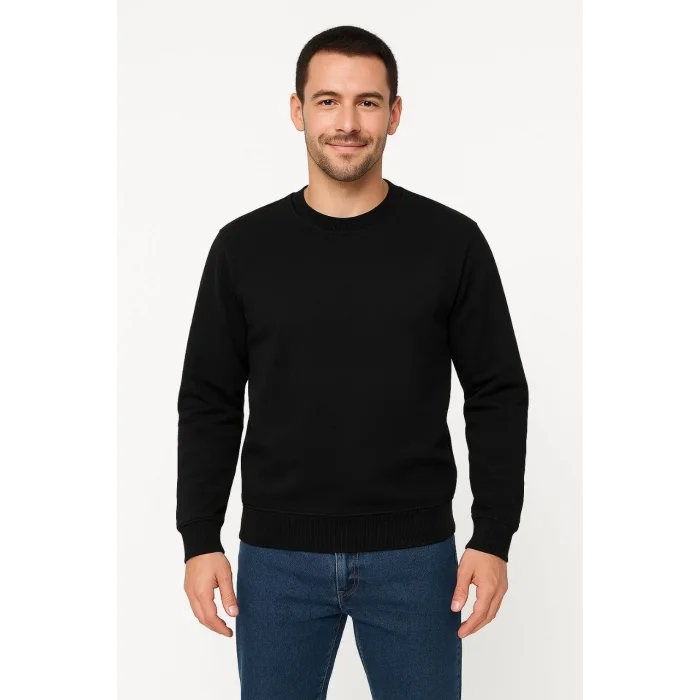 Erkek 3 İplik Pamuklu Düz Bisiklet Yaka SweatShirt - Siyah